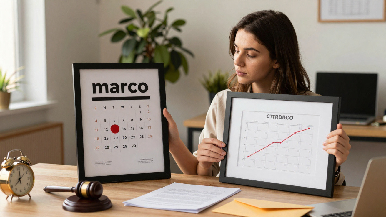 Mulher sentada em escritório segurando quadro com calendário de março e gráfico de crescimento atingindo 100%.