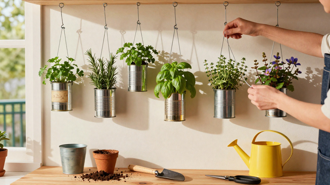 Vaso de plantas suspensas com ervas em latas reaproveitadas e mãos cuidando delas em bancada iluminada.
