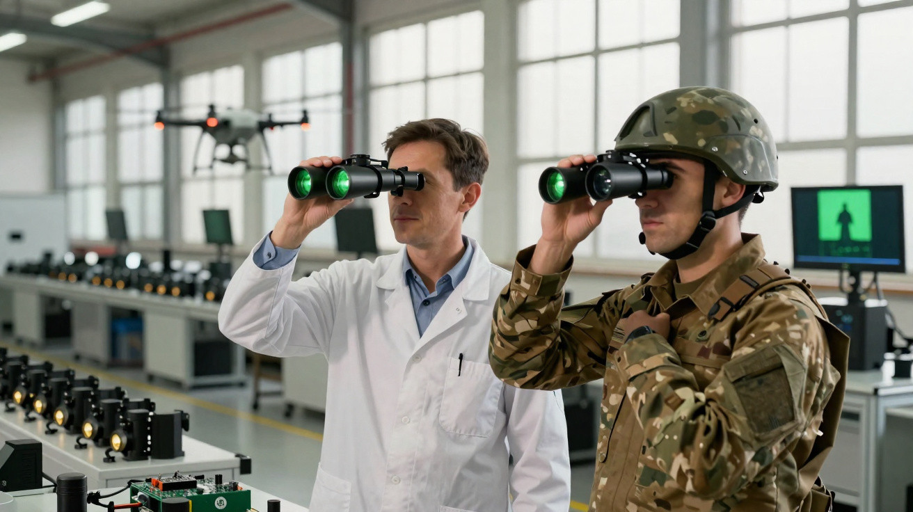 Homem de jaleco e militar com capacete usando binóculos em laboratório com drone ao fundo.