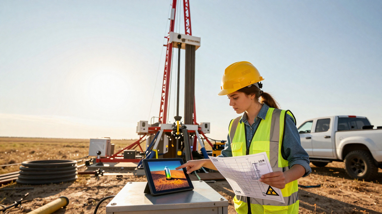 Engenheira em colete e capacete amarelo analisa dados em tablet e planta em campo de perfuração.