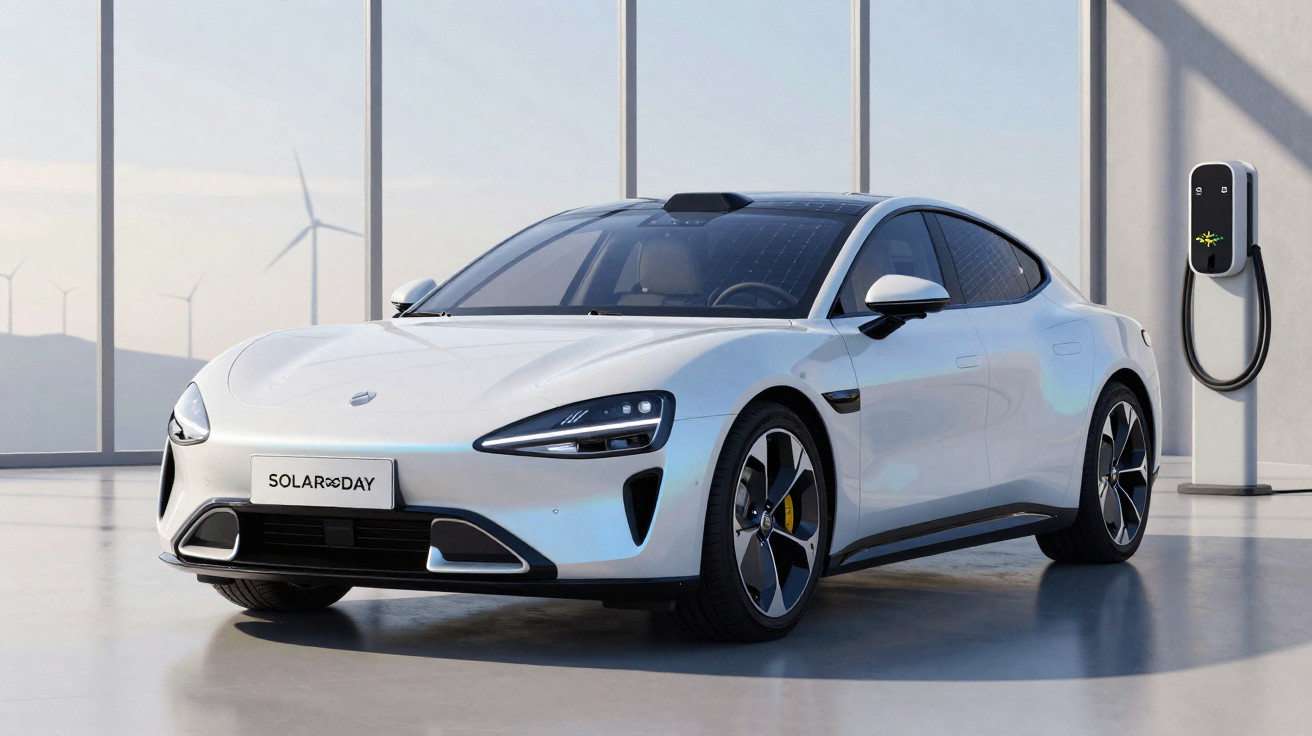 Carro elétrico branco estacionado próximo a carregador em ambiente moderno com turbinas eólicas ao fundo.