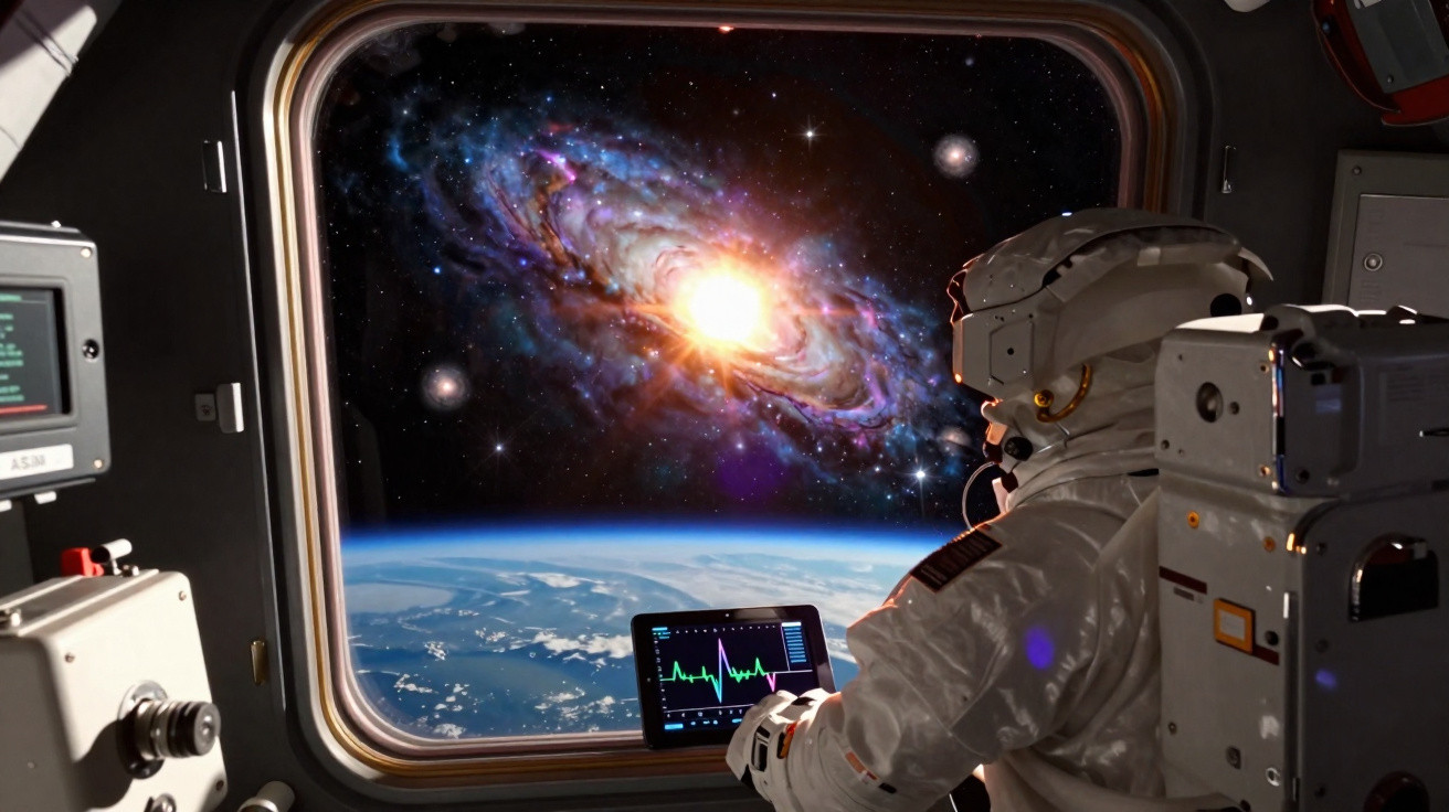 Astronauta observa galáxia brilhante e a Terra através da janela de uma espaçonave.