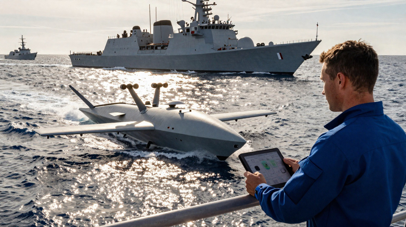 Homem opera drone aquático próximo a navios de guerra no mar durante dia ensolarado.