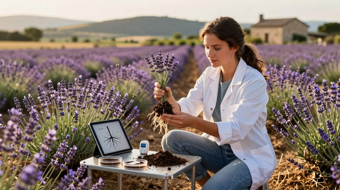 Mulher com jaleco branco analisa planta de lavanda em campo com equipamento para estudo da raiz.