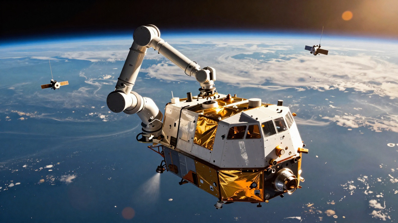 Satélite com braço robótico em órbita terrestre com vista da Terra ao fundo e dois outros satélites próximos.