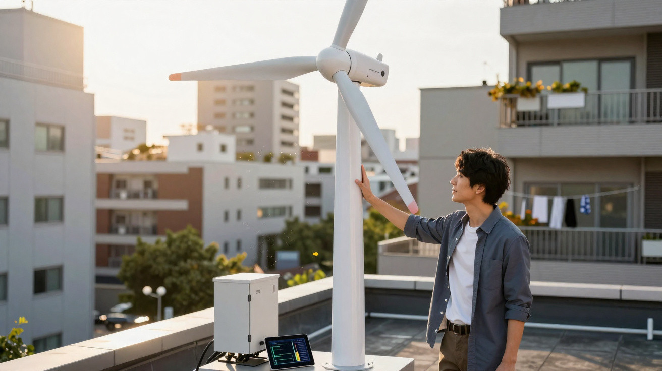 Jovem observa e toca turbina eólica em telhado com painéis solares ao pôr do sol em área urbana.