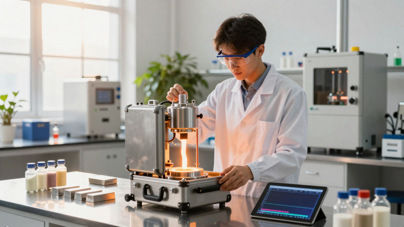 Cientista em laboratório usando jaleco e óculos de proteção operando equipamento para testar materiais.