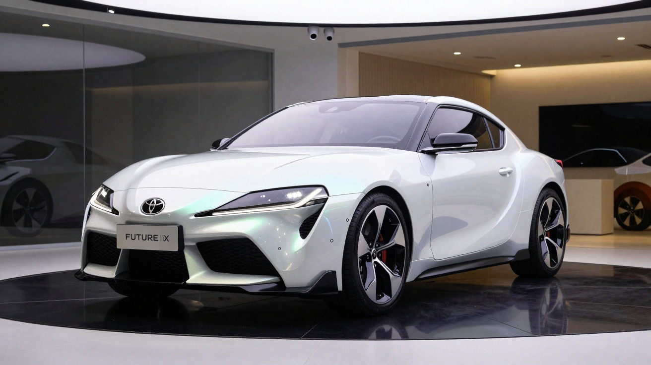 Carro esportivo branco Toyota GR Supra exposto em showroom moderno brilhante.