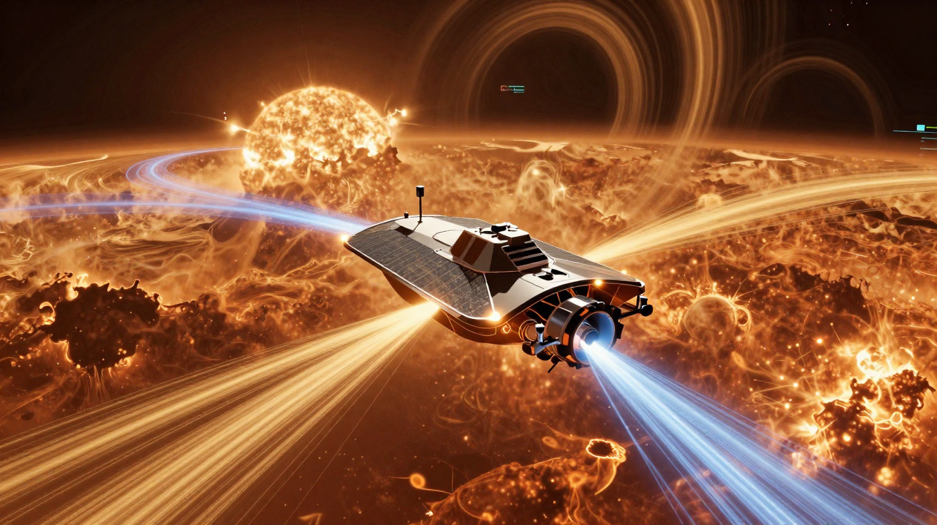 Nave espacial futurista voando perto de uma estrela brilhante com anéis e luzes intensas no espaço.