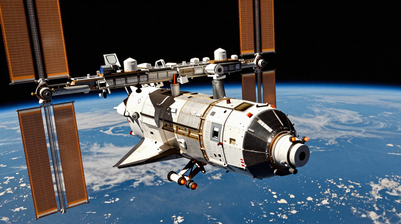 Estação espacial com painéis solares orbitando a Terra com vista do planeta e do espaço ao fundo.