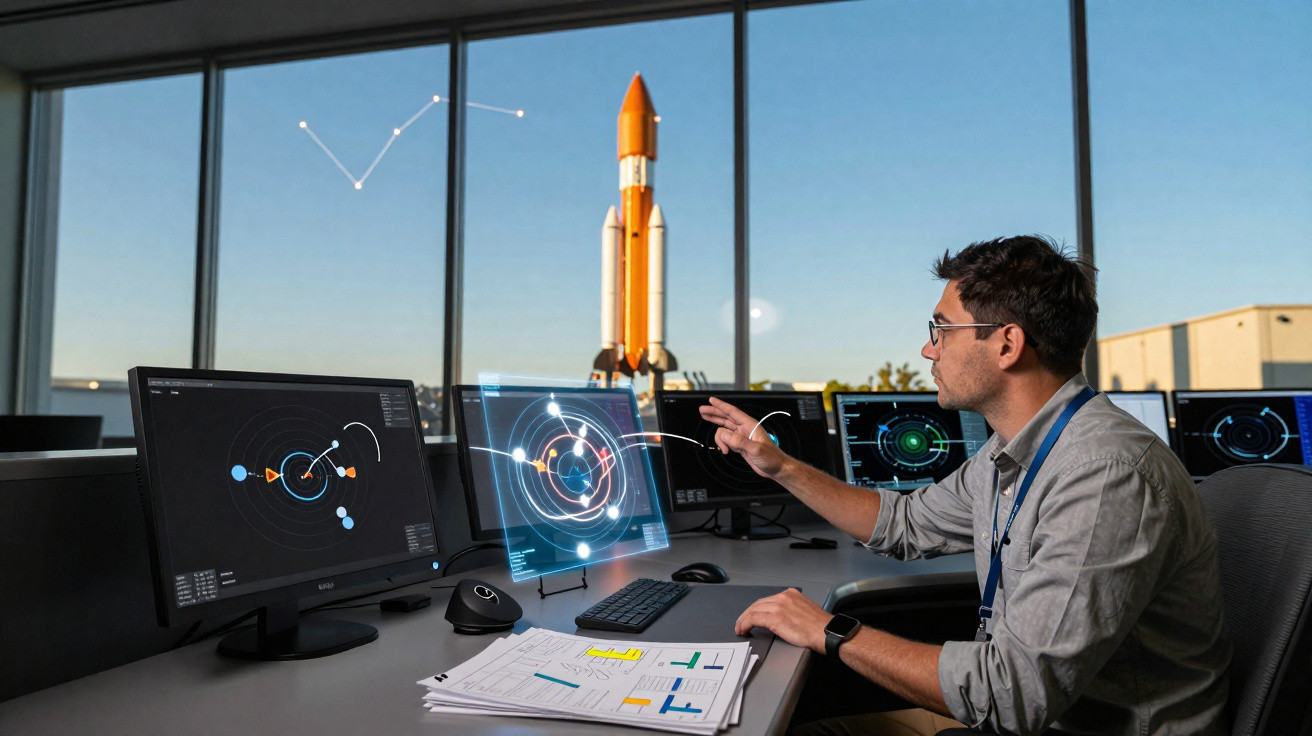 Homem usando tecnologia holográfica em estação de trabalho com foguete ao fundo em ambiente de controle espacial.
