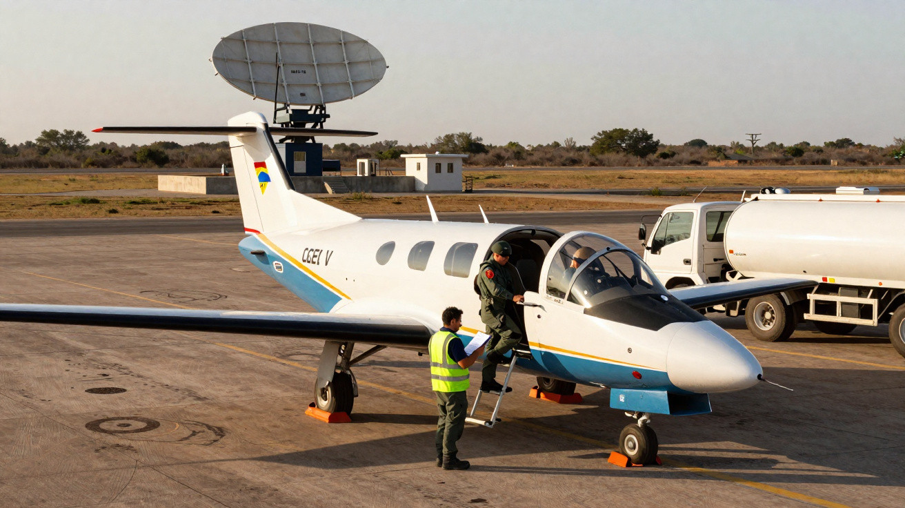 Avião pequeno branco com detalhes azuis estacionado, com piloto entrando e técnico lendo documentos.