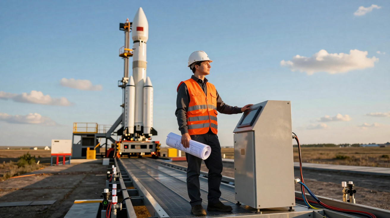 Engenheiro com capacete e colete laranja operando painel próximo a foguete na plataforma de lançamento ao pôr do sol.