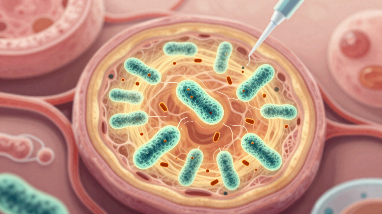Ilustração de célula com bactérias e micropipeta introduzindo partículas no interior celular.