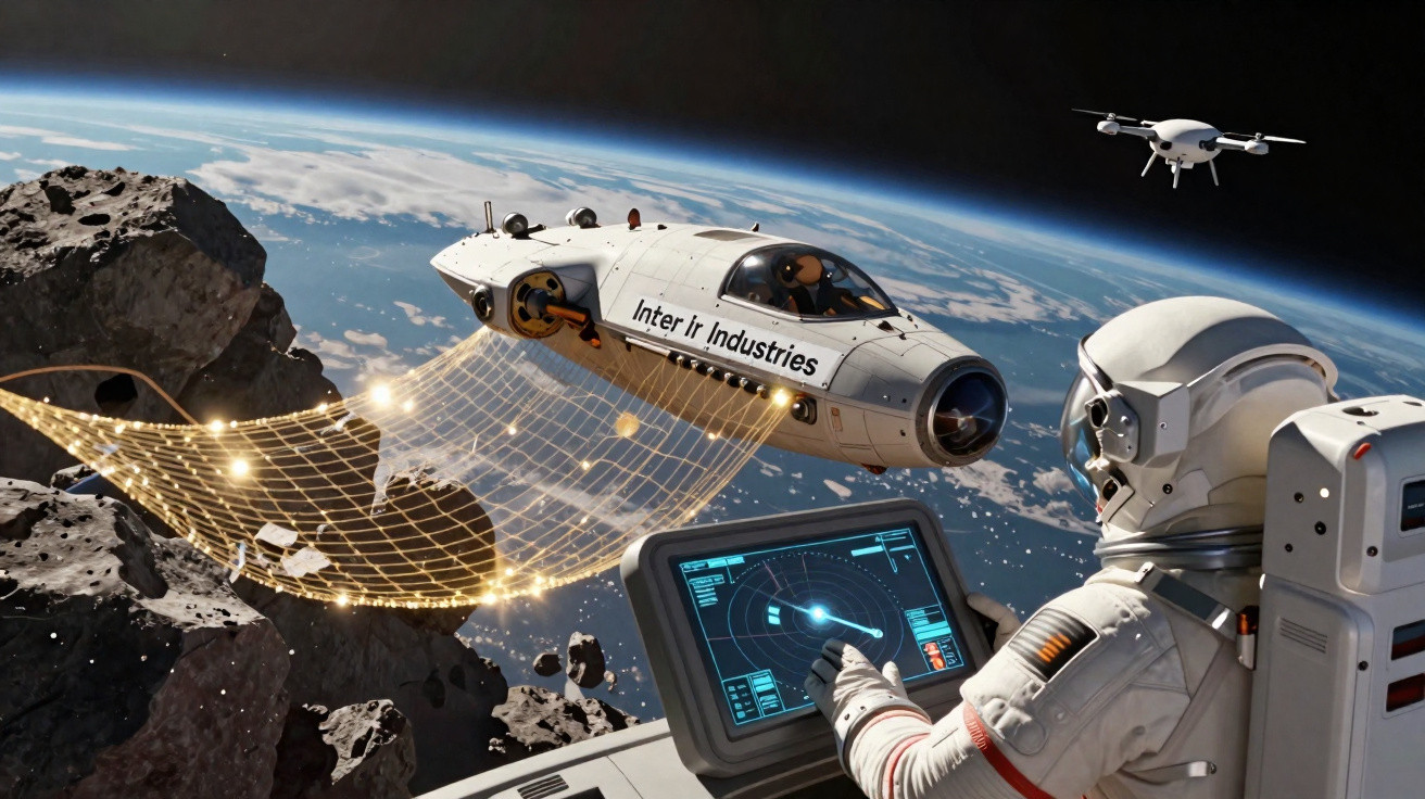 Astronauta operando equipamento para capturar asteroides com nave futurista em órbita da Terra.