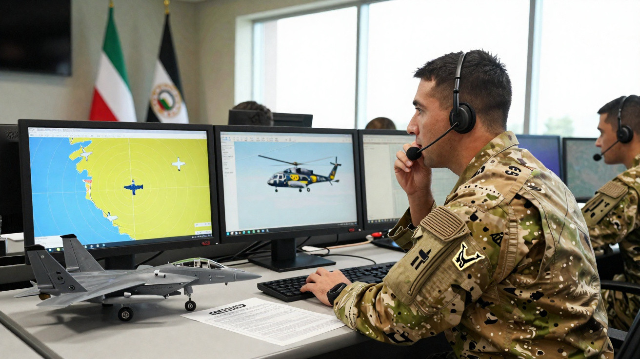 Militar com fone de ouvido operando simulador de voo com imagens de helicóptero e mapa em telas.