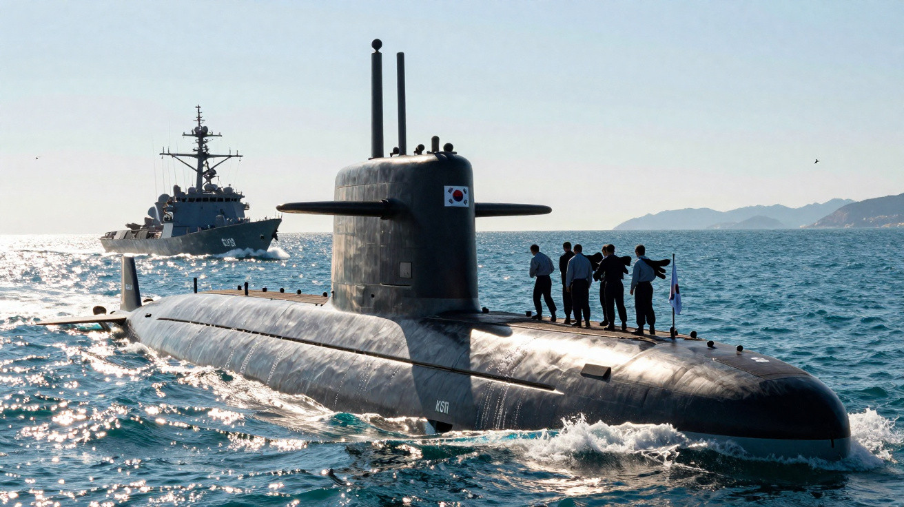 Submarino sul-coreano com tripulantes no convés navegando próximo a um navio de guerra no mar.