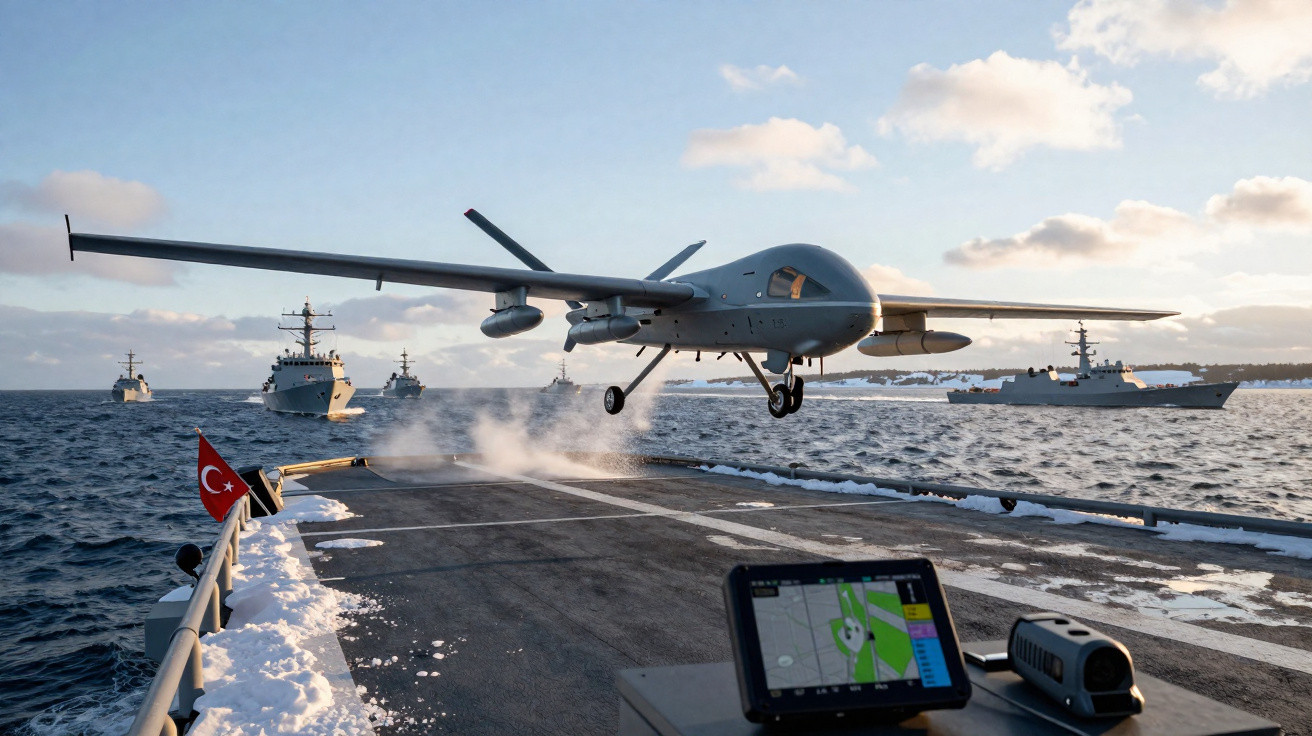Drone militar decolando de navio de guerra no mar com outros navios ao fundo e bandeira da Turquia.