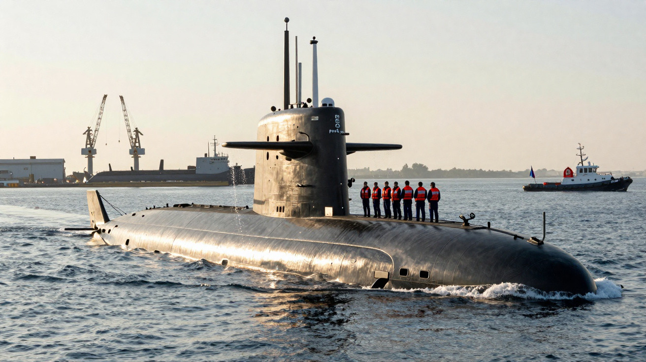 Submarino preto na água com tripulação e barco de apoio ao fundo em porto industrial.