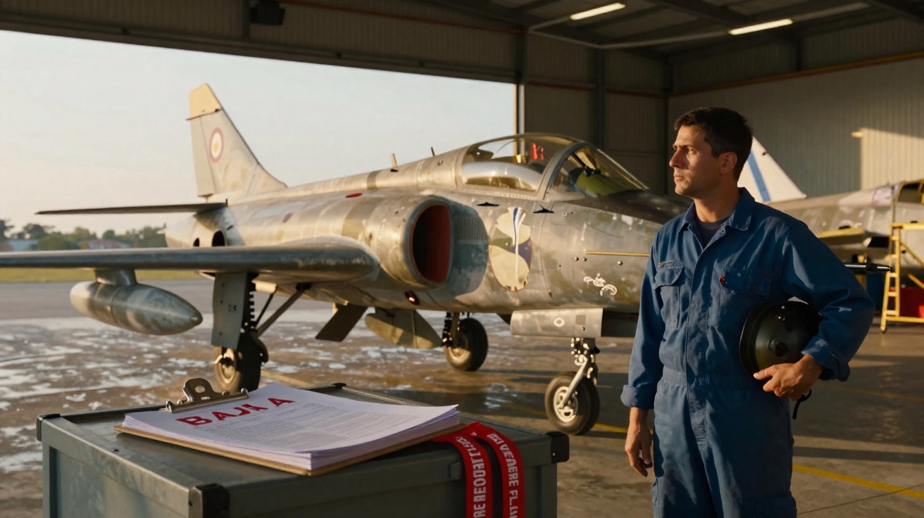 Homem de macacão azul segura capacete em hangar com caça militar ao fundo ao pôr do sol.