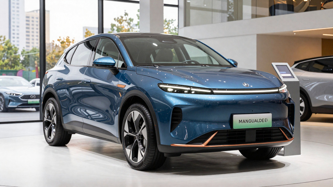 Carro elétrico azul moderno exibido em showroom com design aerodinâmico e faróis finos.