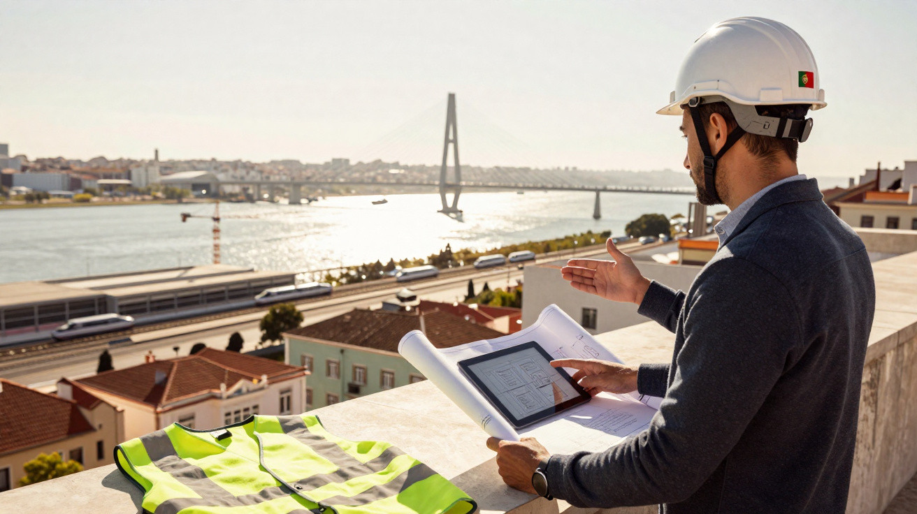 Engenheiro com capacete branco analisa planta e tablet em obra com rio e ponte ao fundo.