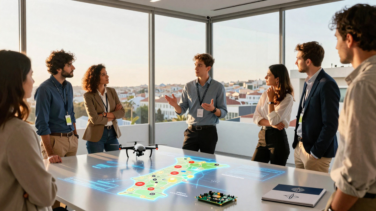 Equipe reunida em sala moderna discutindo projeto com mapa digital e drone sobre a mesa.