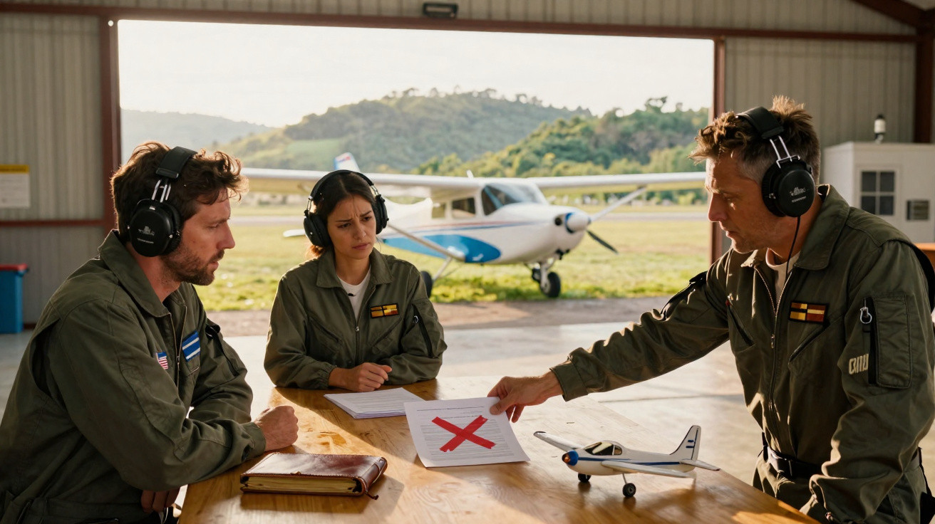 Três pilotos em macacões verdes discutem sobre um plano com avião e modelo na mesa dentro de hangar.
