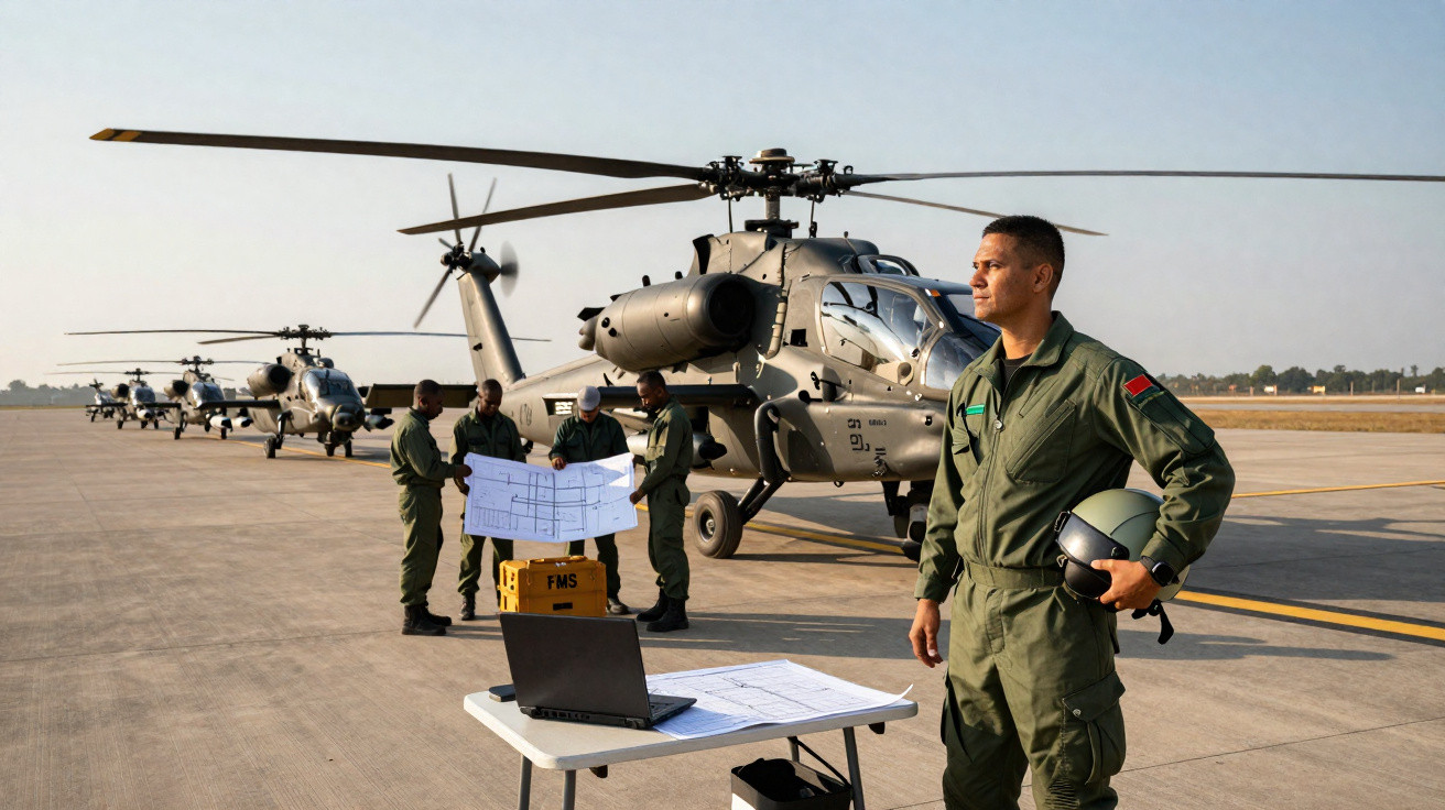Militares em uniformes verdes próximos a helicópteros militares em pista de pouso com mapas e laptop sobre mesa.
