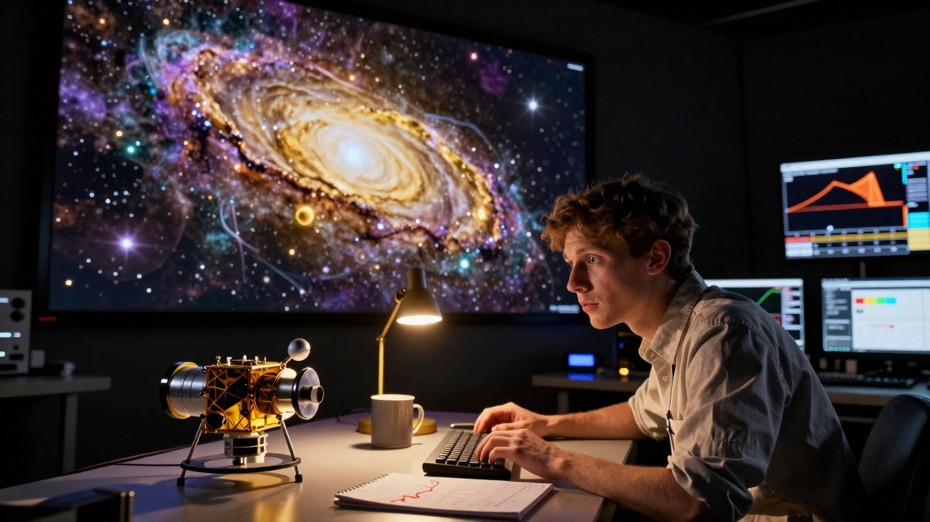 Jovem cientista analisando dados astronômicos com imagem de galáxia em tela grande atrás dele.