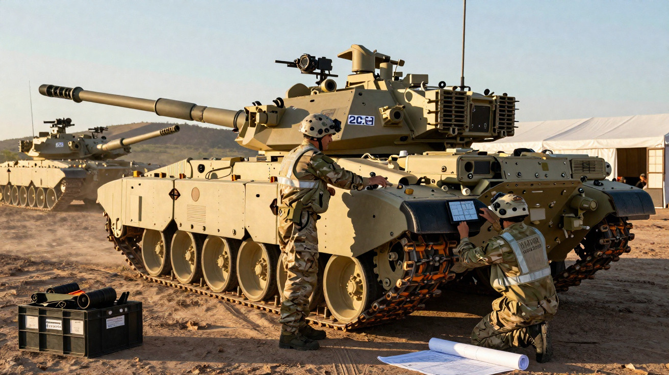 Dois soldados com equipamento militar realizam manutenção em um tanque de guerra em terreno seco ao entardecer.