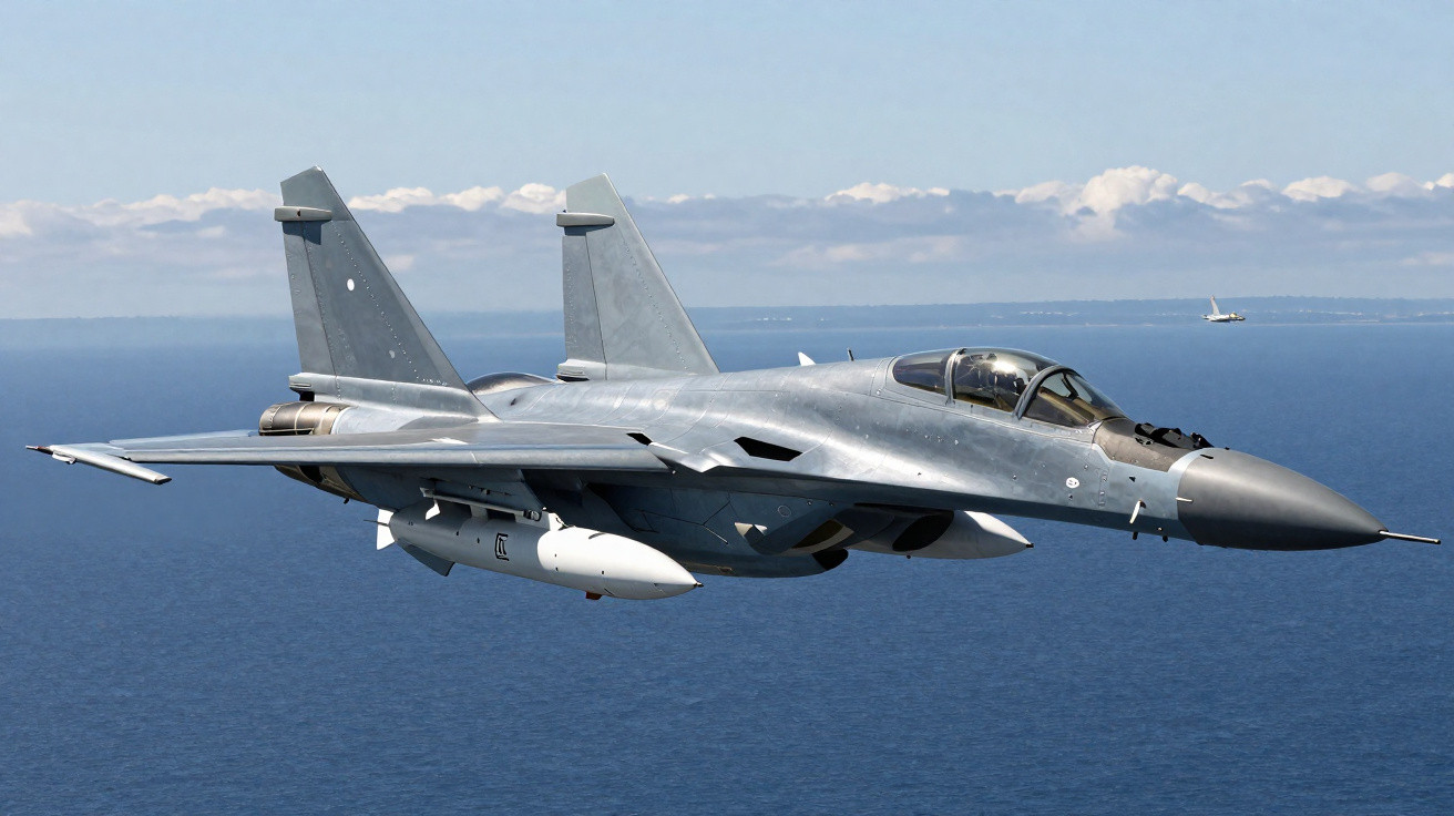 Caça-bombardeiro militar cinza voando sobre o oceano em dia claro com céu parcialmente nublado.