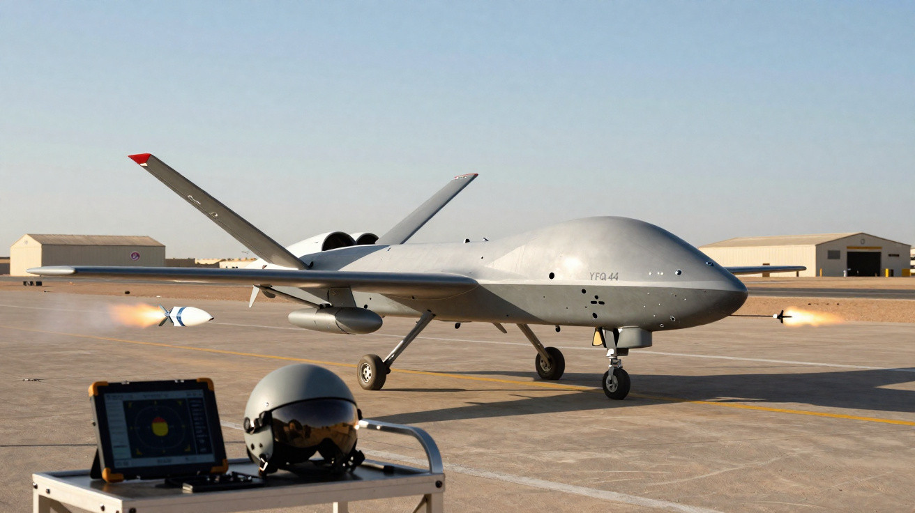 Drone militar cinza lançando mísseis em pista de aeroporto deserta com equipamento de comando em primeiro plano.
