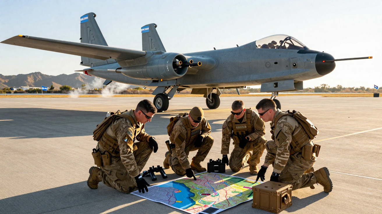 Quatro soldados em uniforme tático analisando mapa no chão perto de avião militar estacionado em pista.