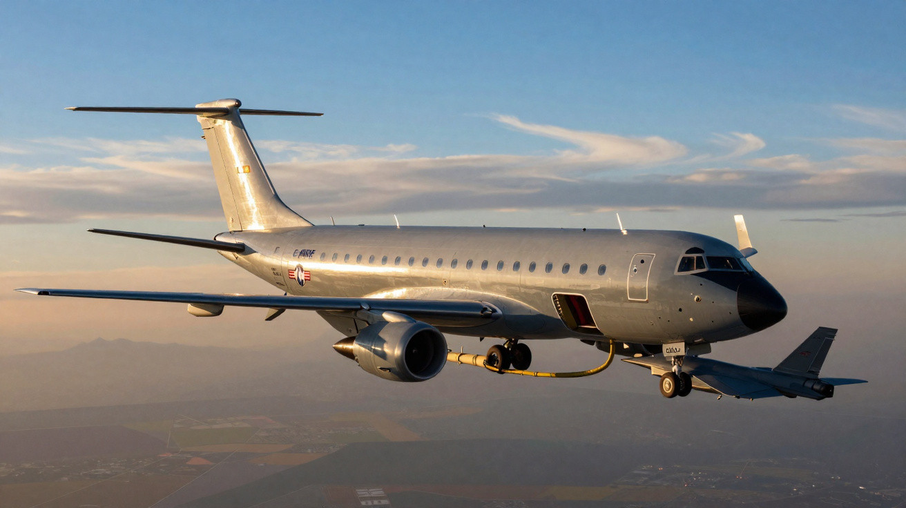 Avião militar cinza voando ao entardecer com céu claro e montanhas ao fundo.