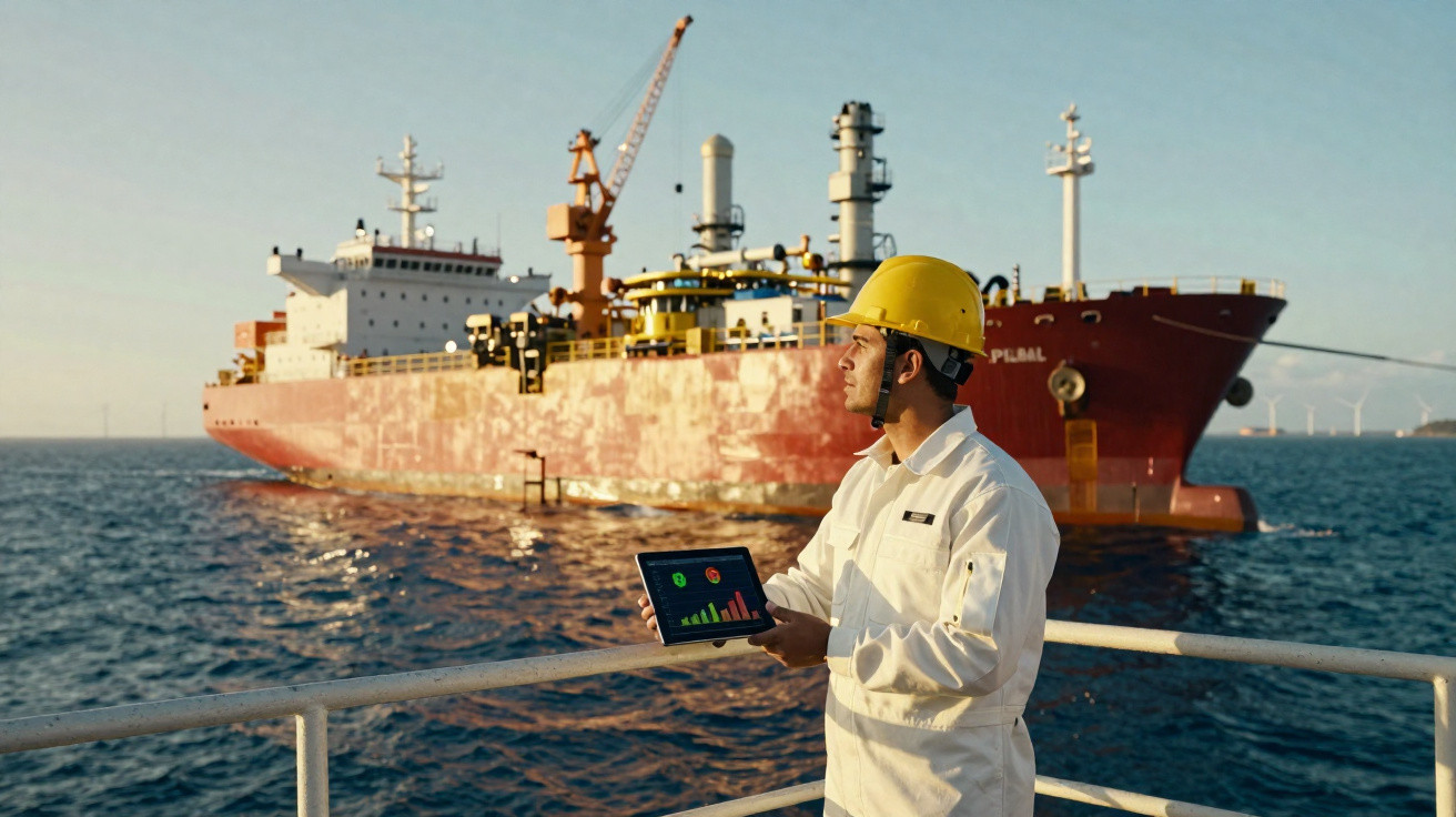 Homem com capacete amarelo e tablet em frente a um navio petroleiro vermelho no mar ao entardecer.