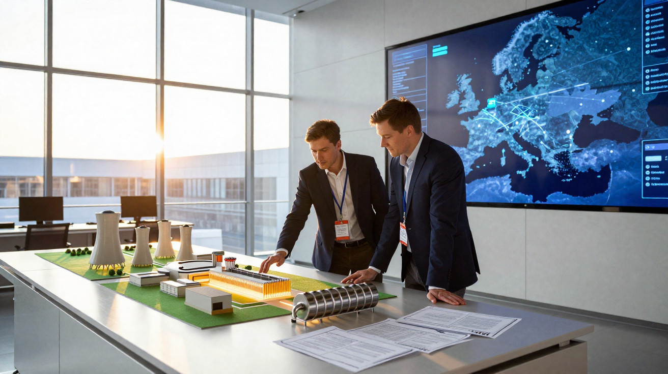 Dois homens de terno analisam maquete industrial em mesa com mapa digital da Europa ao fundo.