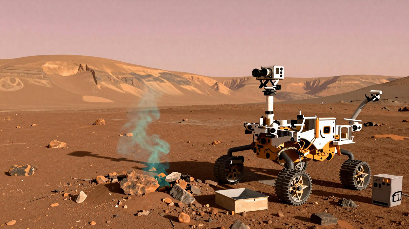 Rover explorando solo marciano com fumaça azul saindo de rochas em terreno árido e montanhas ao fundo.
