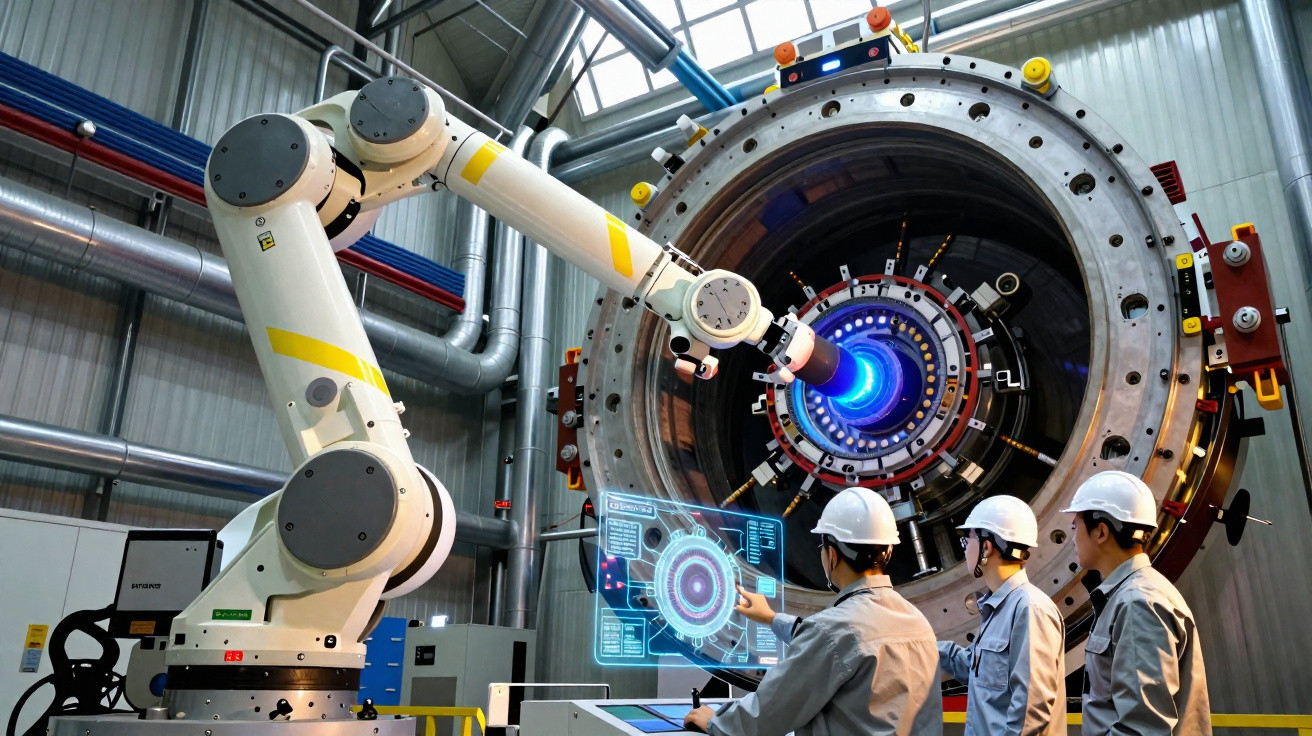 Engenheiros operando robô industrial em laboratório tecnológico com equipamento avançado e tela holográfica.