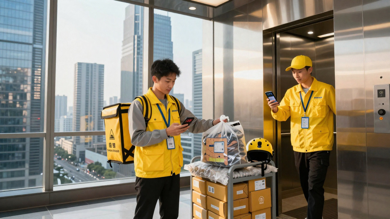 Dois entregadores em uniforme amarelo conferem aplicativos em smartphones ao lado de elevador em prédio com sacola e caixas.