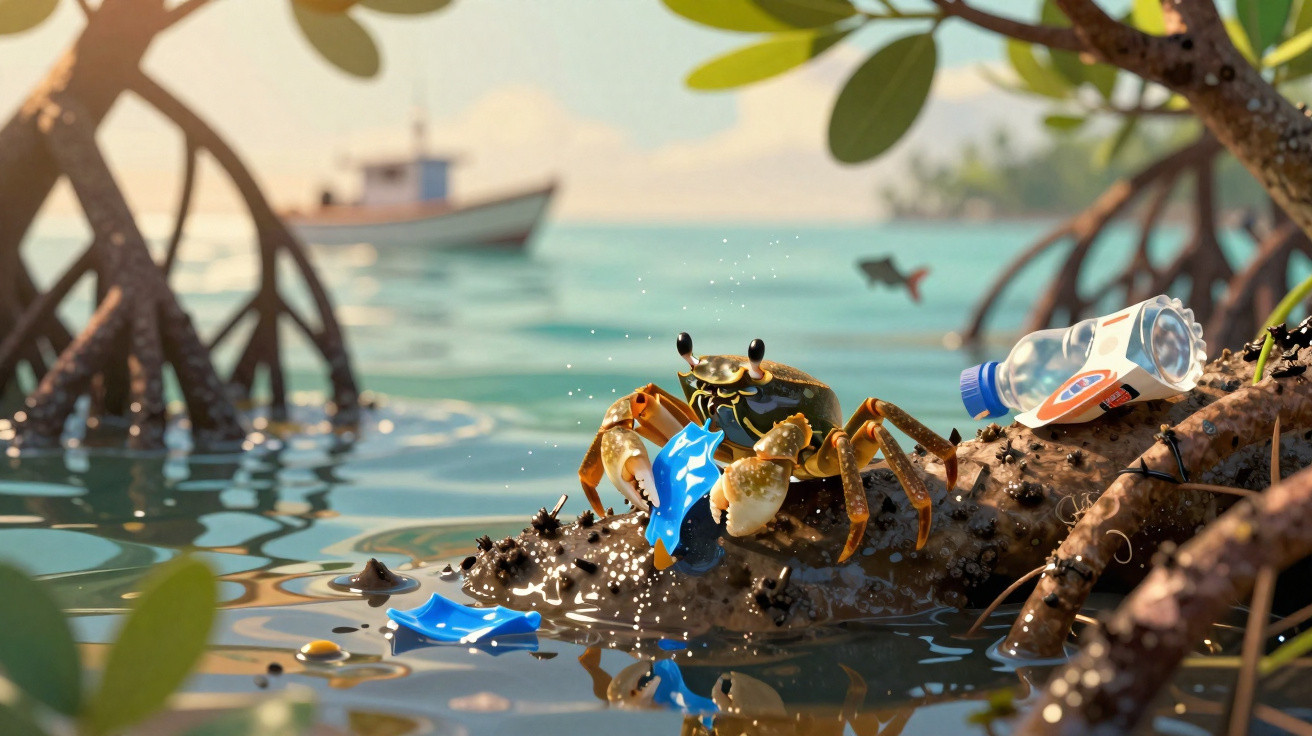 Caranguejo em mangue segurando lixo plástico, como sacola azul e garrafa, simbolizando poluição marinha.