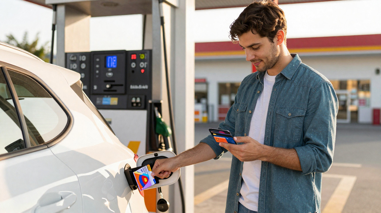 Homem usando cartão para pagar abastecimento de carro em posto de gasolina.