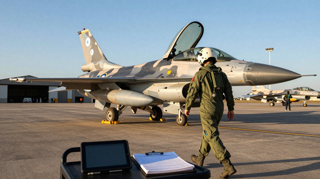 Piloto caminhando em direção a caça F-16 camuflado em área de armazenamento aéreo ao entardecer.