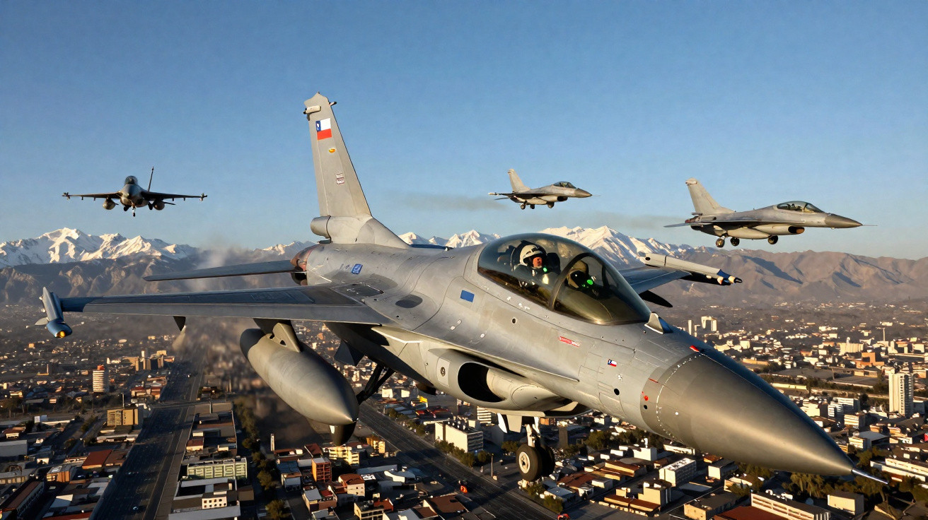 Quatro caças F-16 voando sobre uma cidade com cordilheira nevada ao fundo em céu claro.
