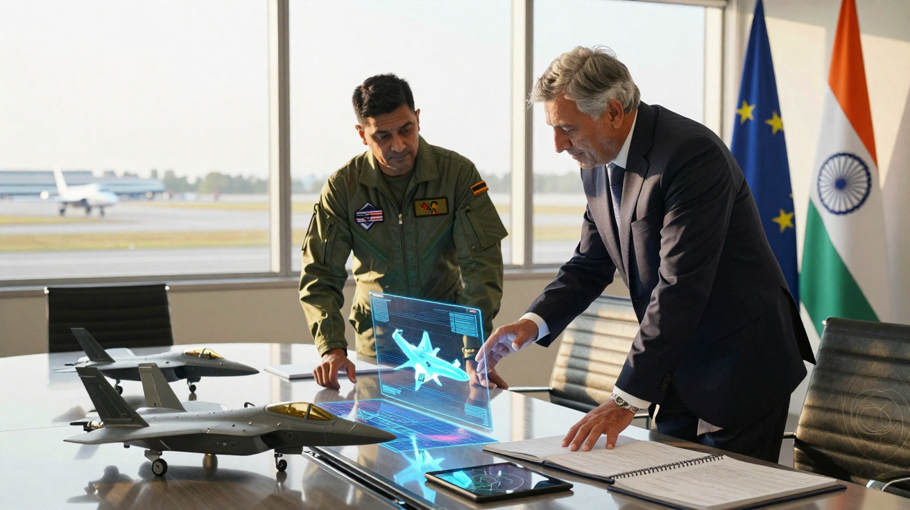 Dois homens analisam modelo e holograma de avião em sala com bandeiras da União Europeia e Índia.
