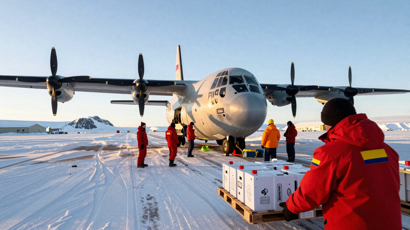 Equipe em roupas de frio descarrega caixas de um avião militar em pista de neve no deserto polar.