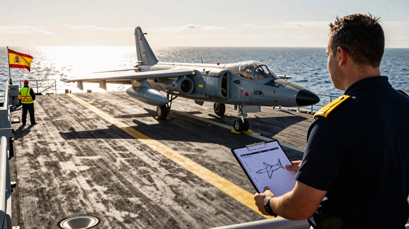 Pouso de caça Harrier em porta-aviões da marinha espanhola ao pôr do sol, com comandante observando.