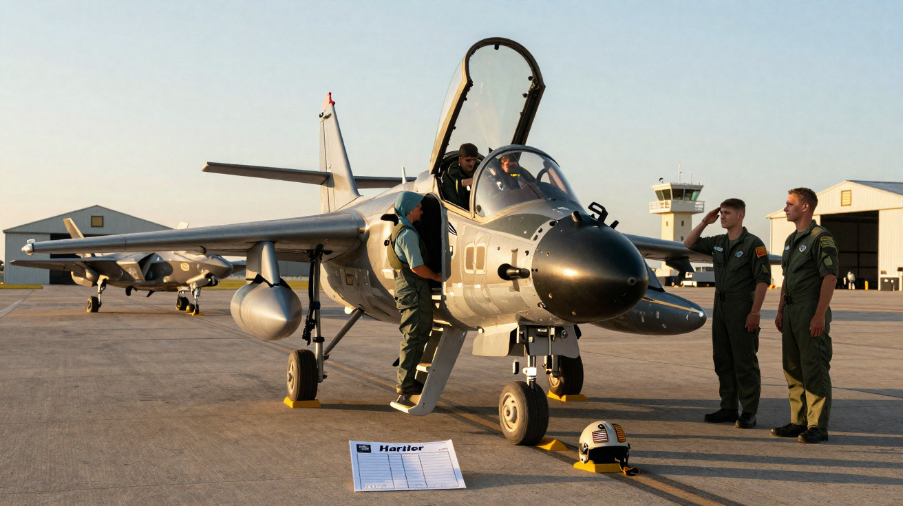 Avião militar estacionado no aeroporto com tripulação em uniforme verde, sendo examinado e saudado.