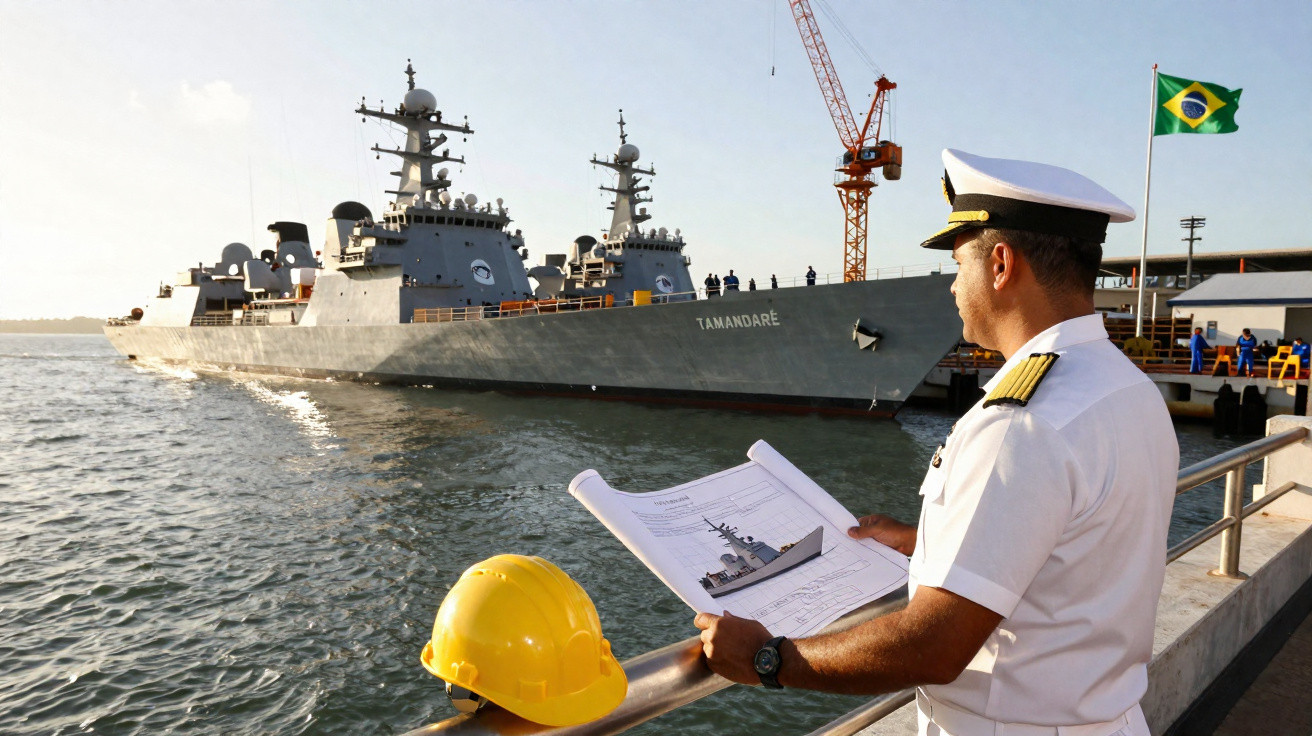 Oficial da Marinha brasileira revisa planta de navio ao ar livre, com navio Tamandaré no cais e bandeira do Brasil ao fundo.