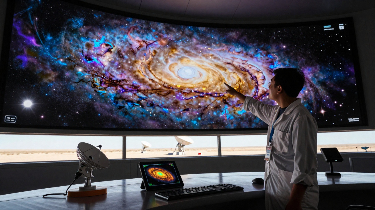 Pessoa em laboratório aponta para grande tela curva exibindo imagem detalhada de galáxia espiral colorida.